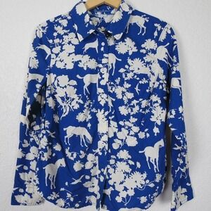 Boden Women's Horse Print Button Down Shirt SZ 8P Blue White